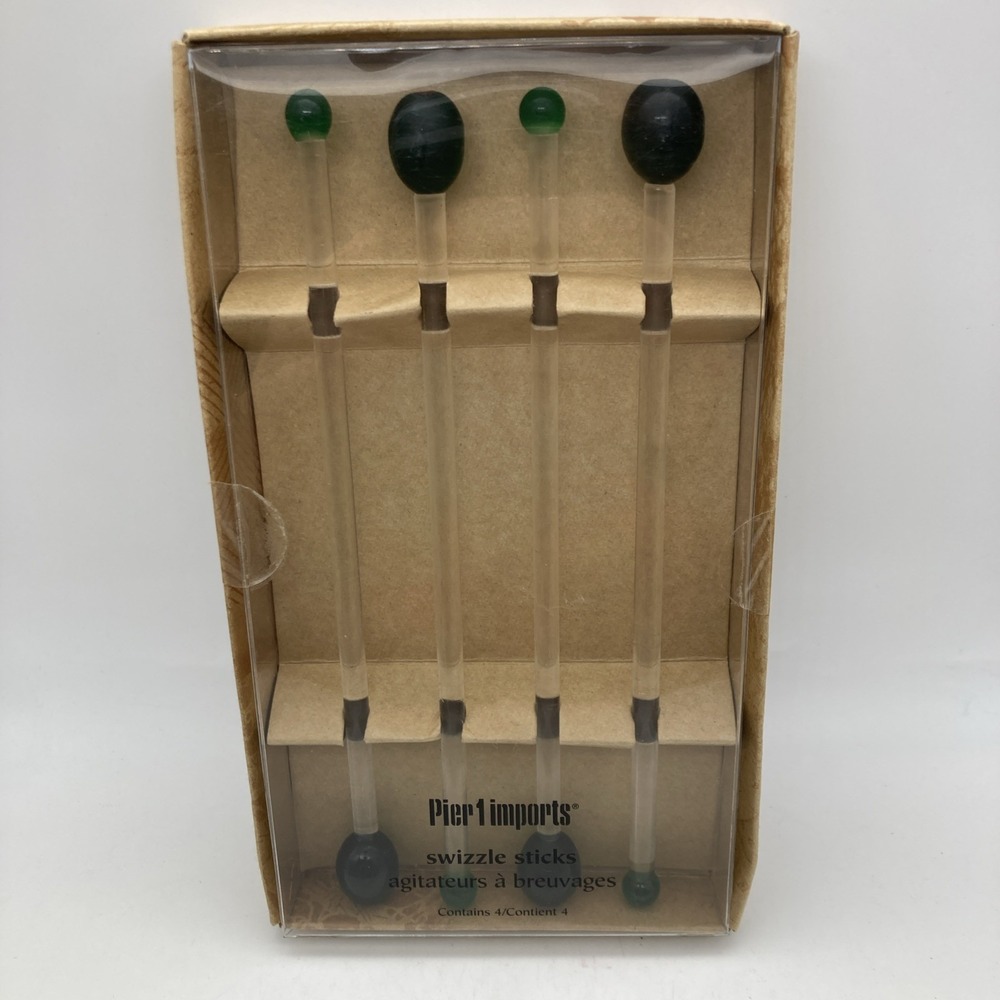 Set Of 4Pier 1 Imports Swizzle Sticks Green& Clear Olives Art Glass NIB Retired